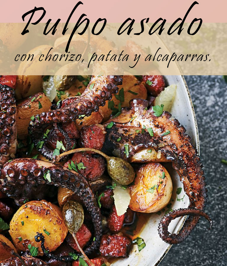 Pulpo asado con chorizo, patata y&nbsp;alcaparras.